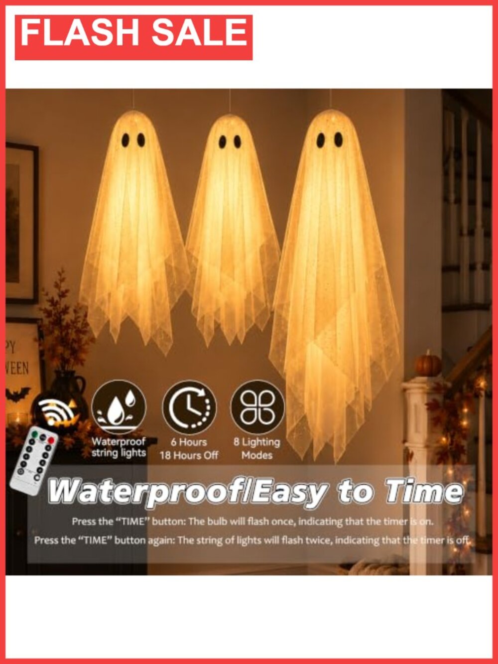 3pc Hanging Ghost Decor Set with Remote Timer String Lights - Picture 3 of 6